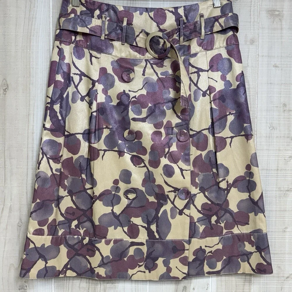 Y2K Belted A-Line Wrap Skirt‎ Satin Botanical Button Front EU 36 Jacquard